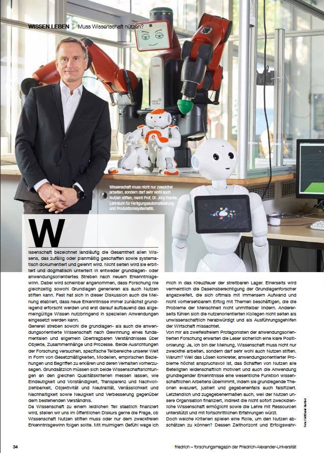 Zum Artikel "20.11.2017: “Muss Wissenschaft nützen?” | Prof. Dr.-Ing. Franke im Forschungsmagazin “friedrich” der FAU"