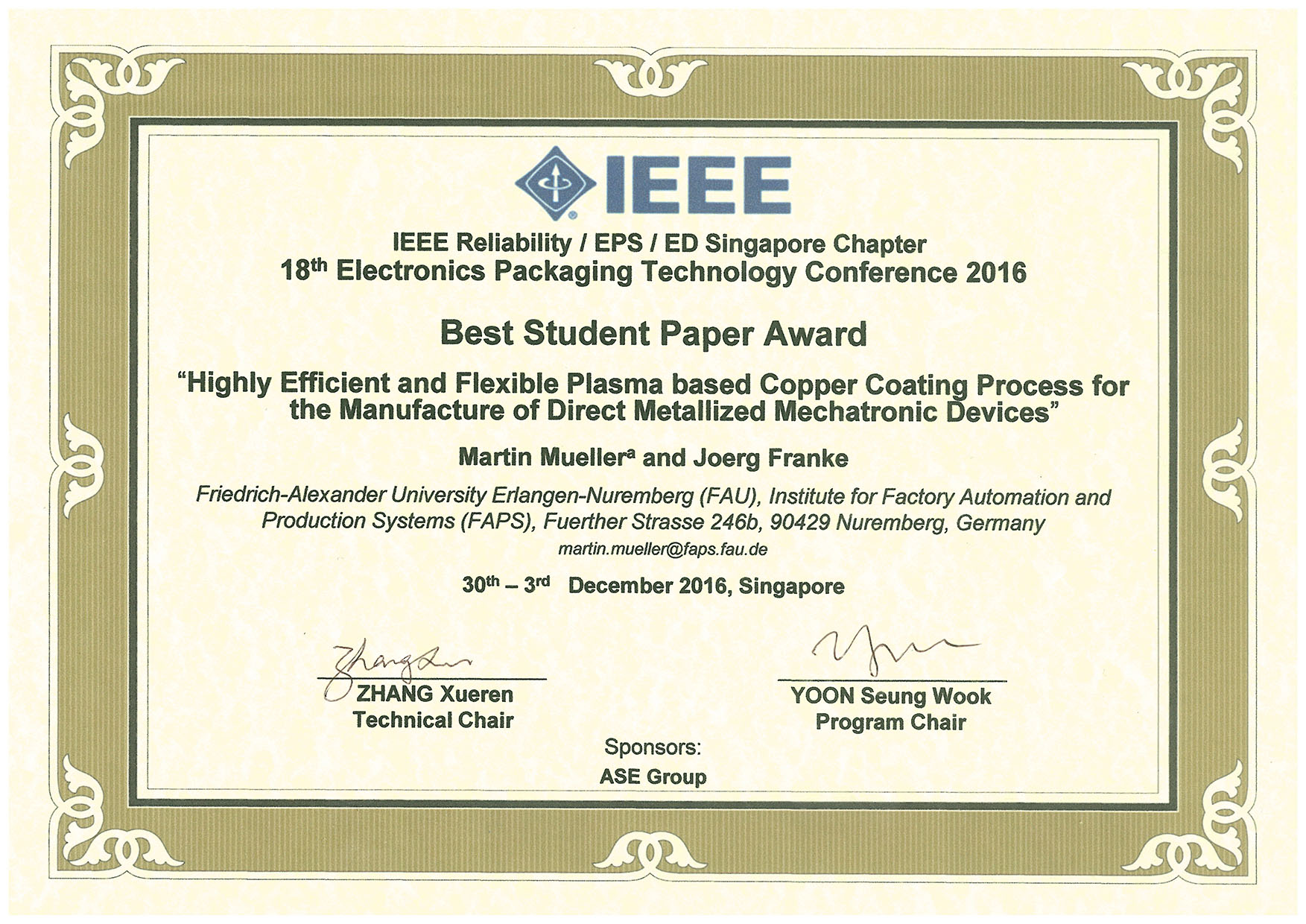Zum Artikel "07.12.2017: Internationaler „Best Student Paper Award“ der EPTC wird an Martin Müller verliehen"