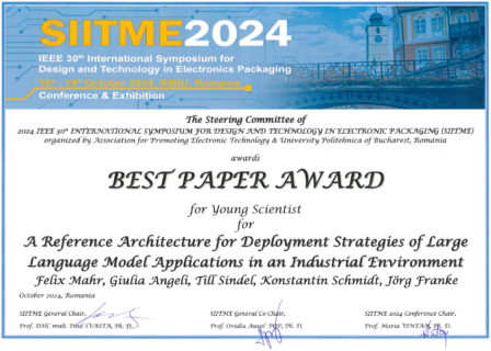 Zum Artikel "16. – 19.10.2024: Best Paper Award der SIITME 2024 für Felix Mahr"
